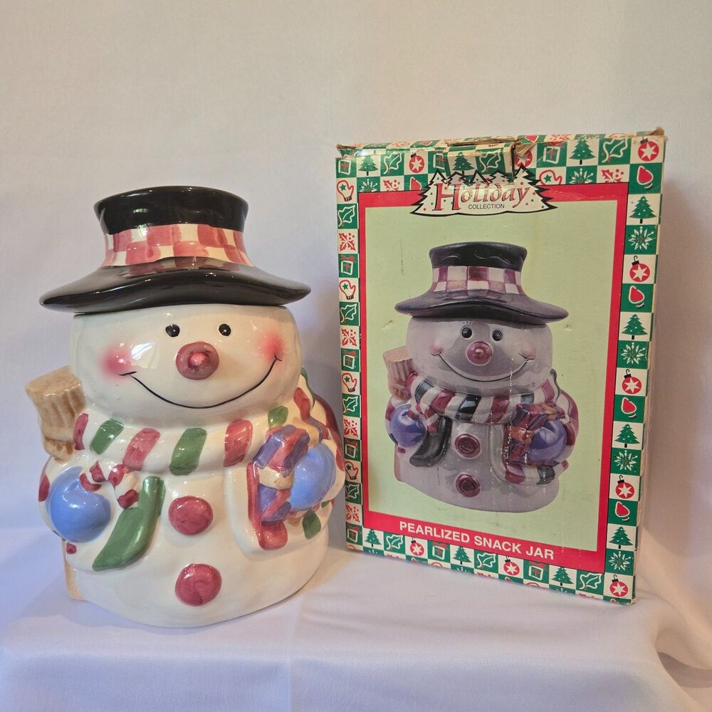 Vintage World Bazaars Pearlized Snowman Snack Cookie Jar (with box)